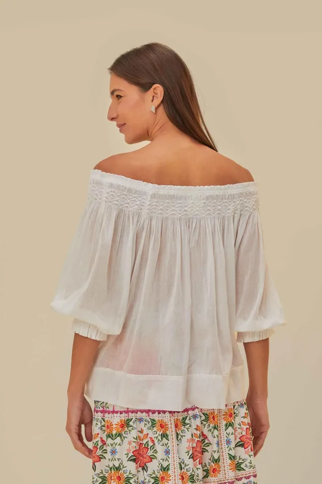 OffWhite Blue Yard Short Sleeve Blouse Women Farm Rio Blouses