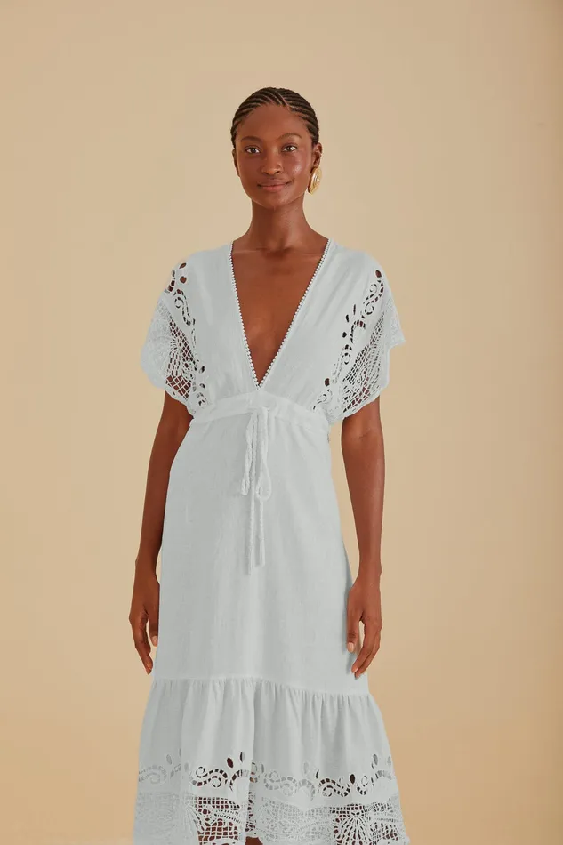 OffWhite Embroidered Guipure Euroflax Premium Linen Midi Dress Women Farm Rio Midi Dresses