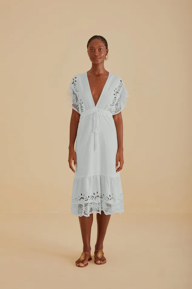 OffWhite Embroidered Guipure Euroflax Premium Linen Midi Dress Women Farm Rio Midi Dresses