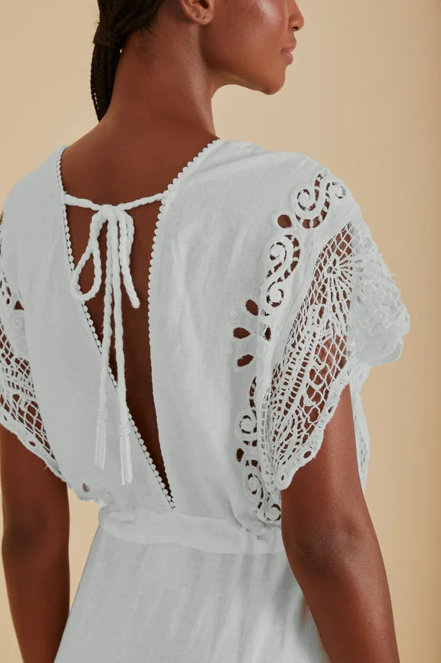 OffWhite Embroidered Guipure Euroflax Premium Linen Midi Dress Women Farm Rio Midi Dresses