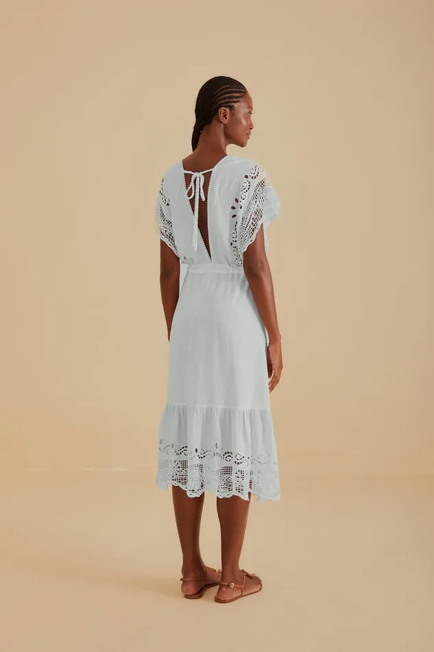 OffWhite Embroidered Guipure Euroflax Premium Linen Midi Dress Women Farm Rio Midi Dresses