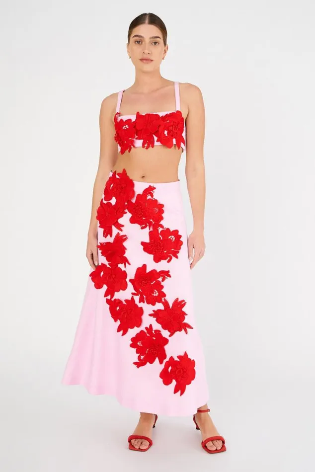 Oroton Skirts Contrast 3D Flower ALine Skirt Rosepoppy 8211 Women