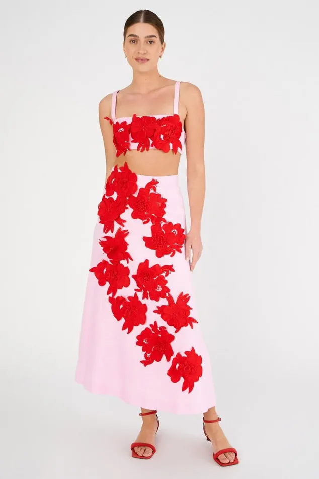 Oroton Skirts Contrast 3D Flower ALine Skirt Rosepoppy 8211 Women