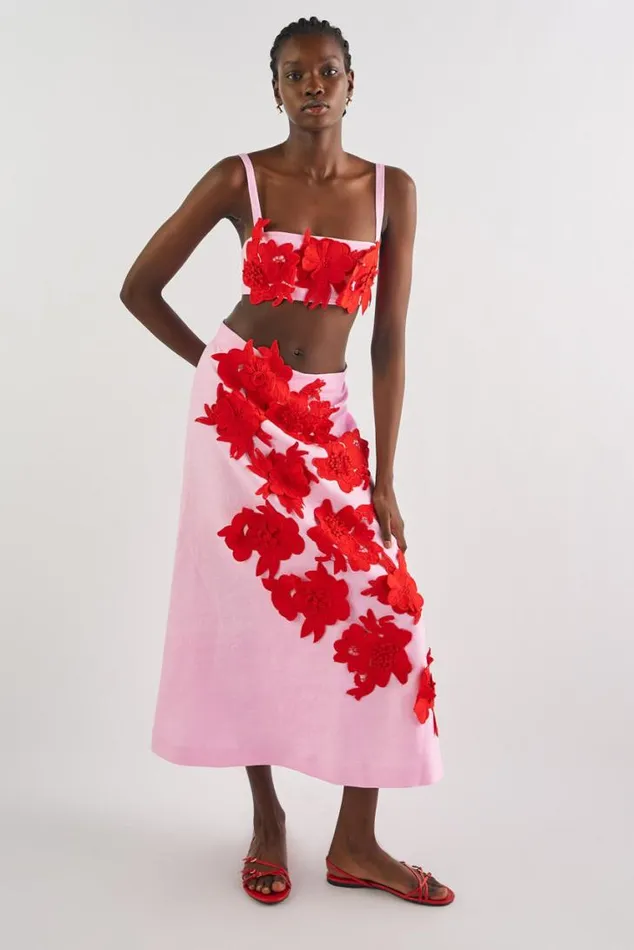 Oroton Skirts Contrast 3D Flower ALine Skirt Rosepoppy 8211 Women