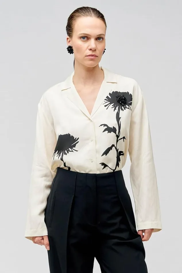 Oroton Tops Graphic Floral Print Long Sleeve Camp Shirt Antique Cream 8211 Women