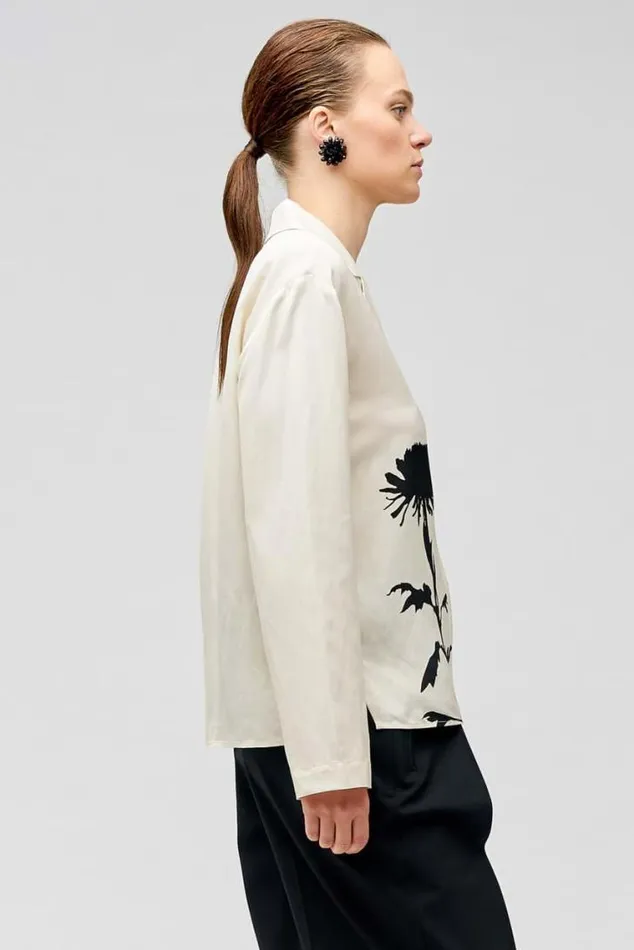 Oroton Tops Graphic Floral Print Long Sleeve Camp Shirt Antique Cream 8211 Women