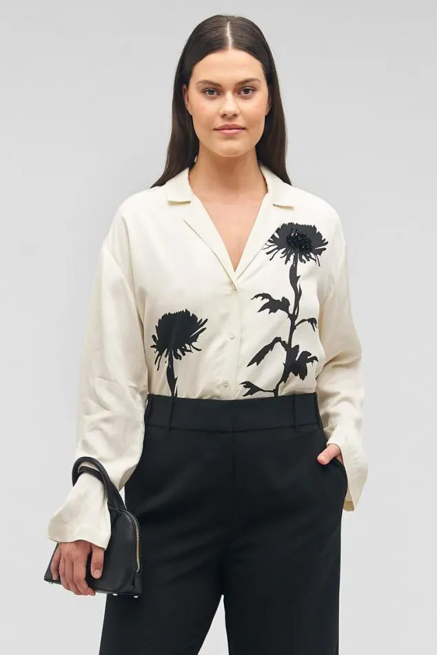 Oroton Tops Graphic Floral Print Long Sleeve Camp Shirt Antique Cream 8211 Women