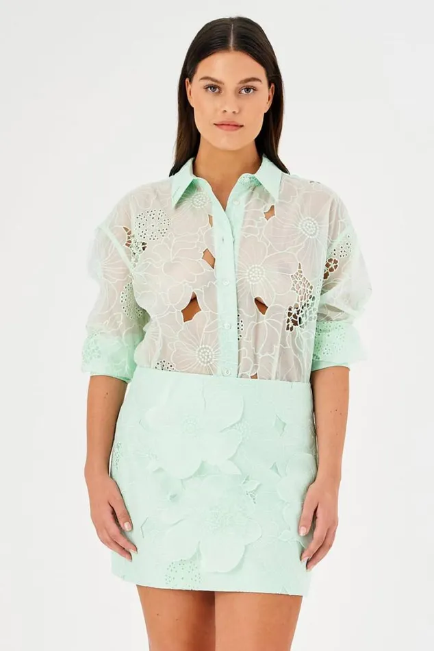 Oroton Tops Lace Overshirt Sea Spray 8211 Women