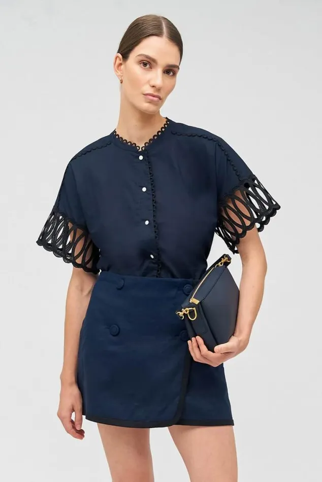 Oroton Tops Lace Trim Blouse North Sea 8211 Women