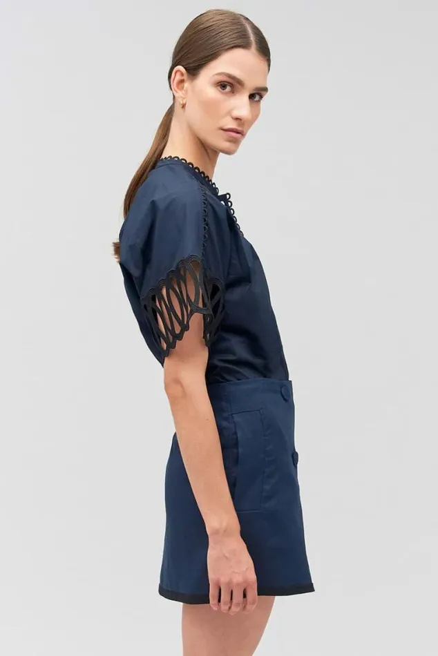 Oroton Tops Lace Trim Blouse North Sea 8211 Women