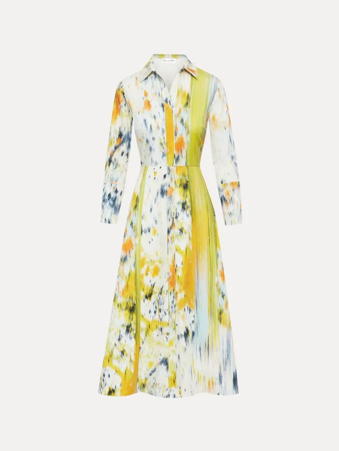 Oscar De La Renta 34 Sleeve Abstract Brushstroke Dress Citrine Multi Women Dresses