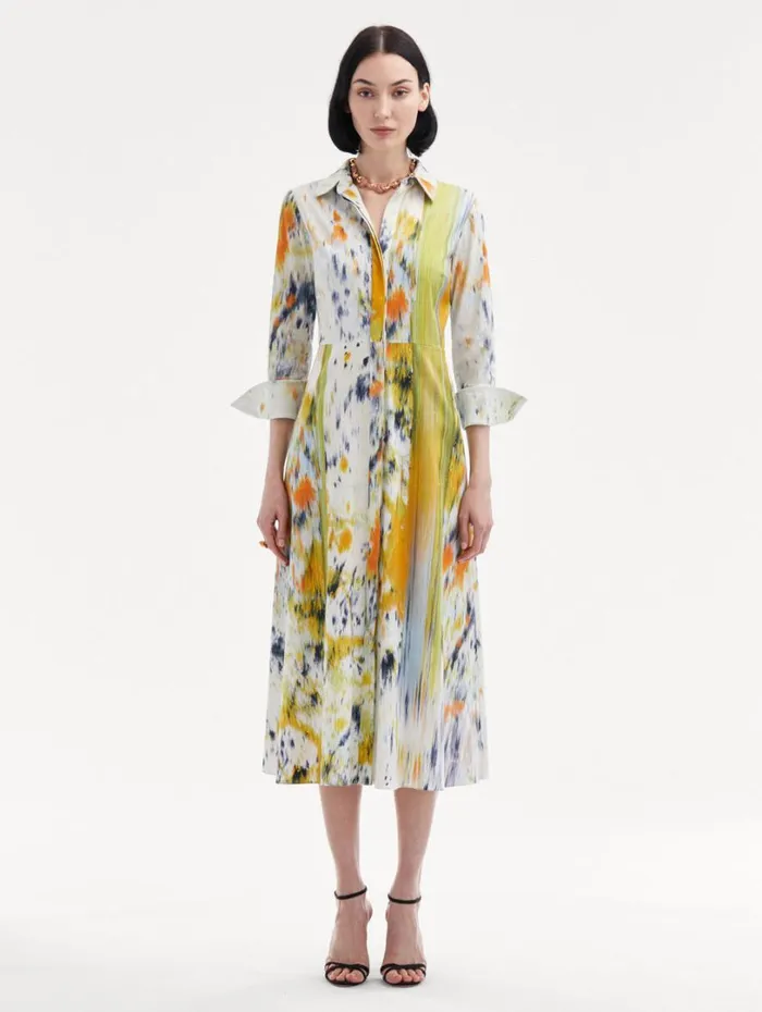 Oscar De La Renta 34 Sleeve Abstract Brushstroke Dress Citrine Multi Women Dresses