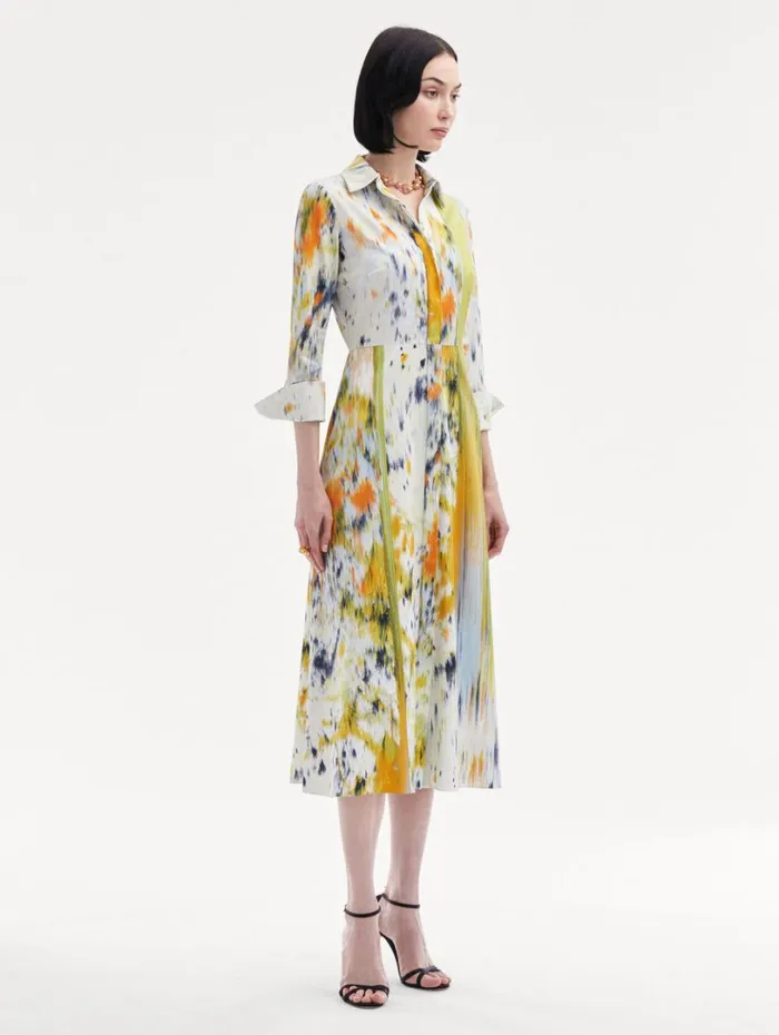 Oscar De La Renta 34 Sleeve Abstract Brushstroke Dress Citrine Multi Women Dresses