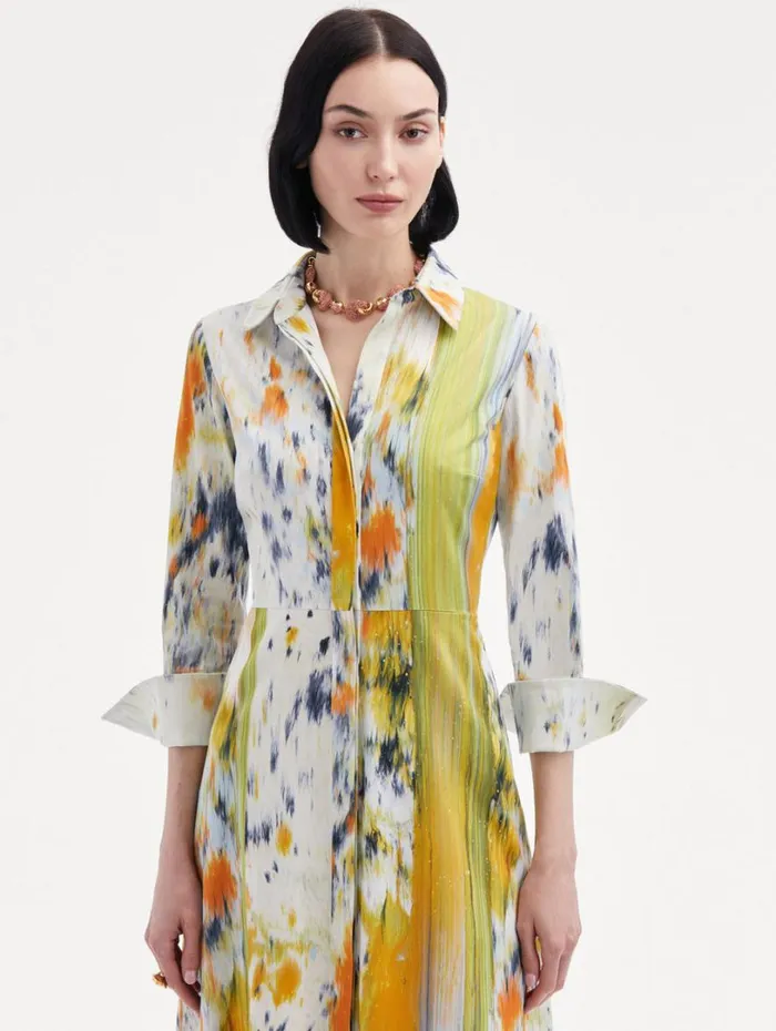 Oscar De La Renta 34 Sleeve Abstract Brushstroke Dress Citrine Multi Women Dresses