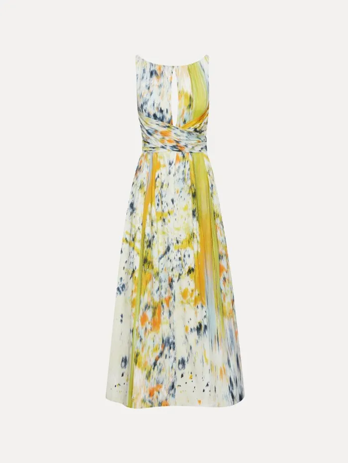 Oscar De La Renta Abstract Brushstroke Cotton Raso Dress Citrine Multi Women Dresses