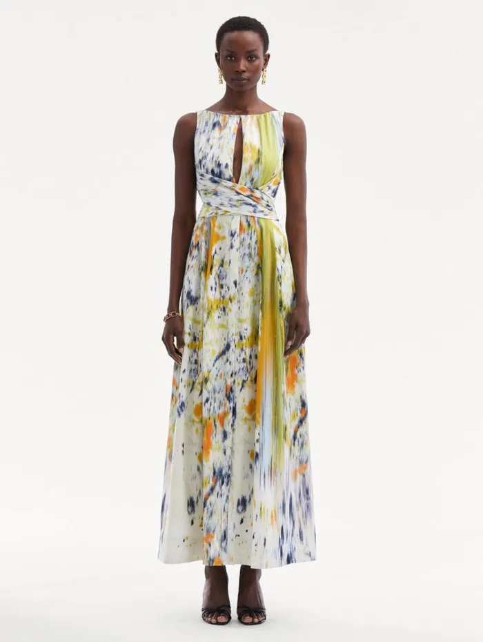 Oscar De La Renta Abstract Brushstroke Cotton Raso Dress Citrine Multi Women Dresses
