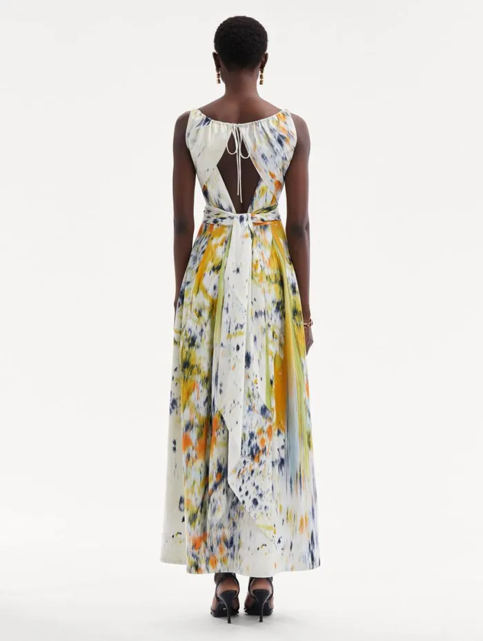 Oscar De La Renta Abstract Brushstroke Cotton Raso Dress Citrine Multi Women Dresses