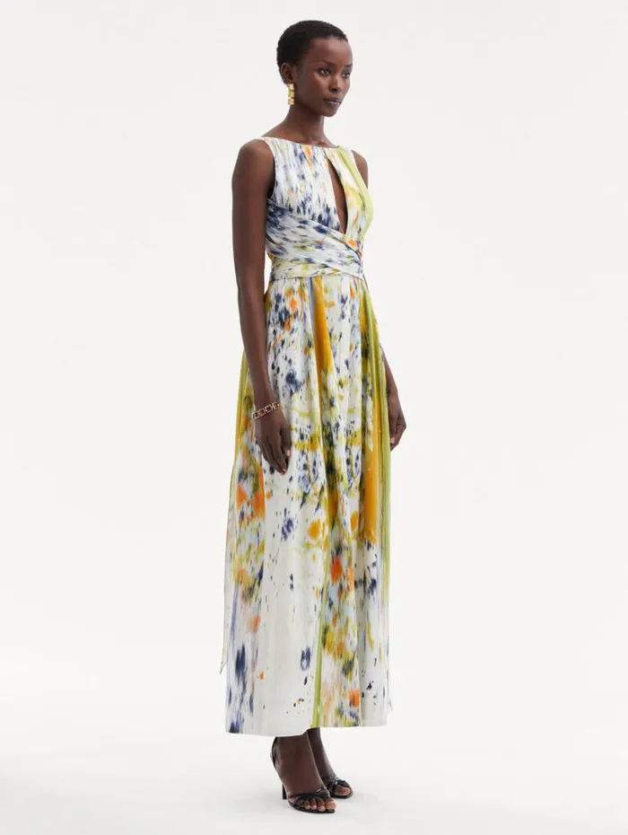 Oscar De La Renta Abstract Brushstroke Cotton Raso Dress Citrine Multi Women Dresses