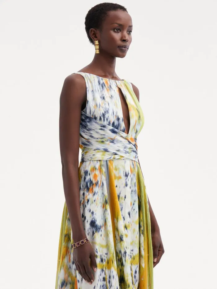 Oscar De La Renta Abstract Brushstroke Cotton Raso Dress Citrine Multi Women Dresses