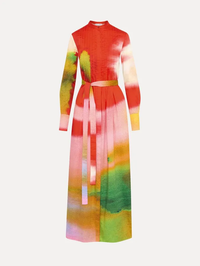 Oscar De La Renta Abstract Watercolor Caftan Vermilion Multi Women Dresses