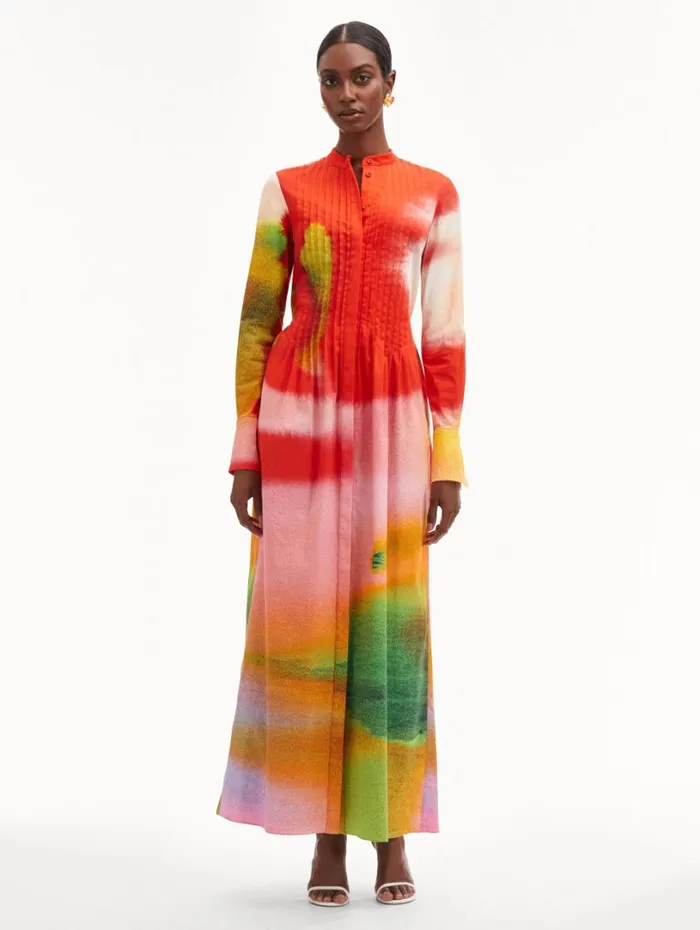Oscar De La Renta Abstract Watercolor Caftan Vermilion Multi Women Dresses