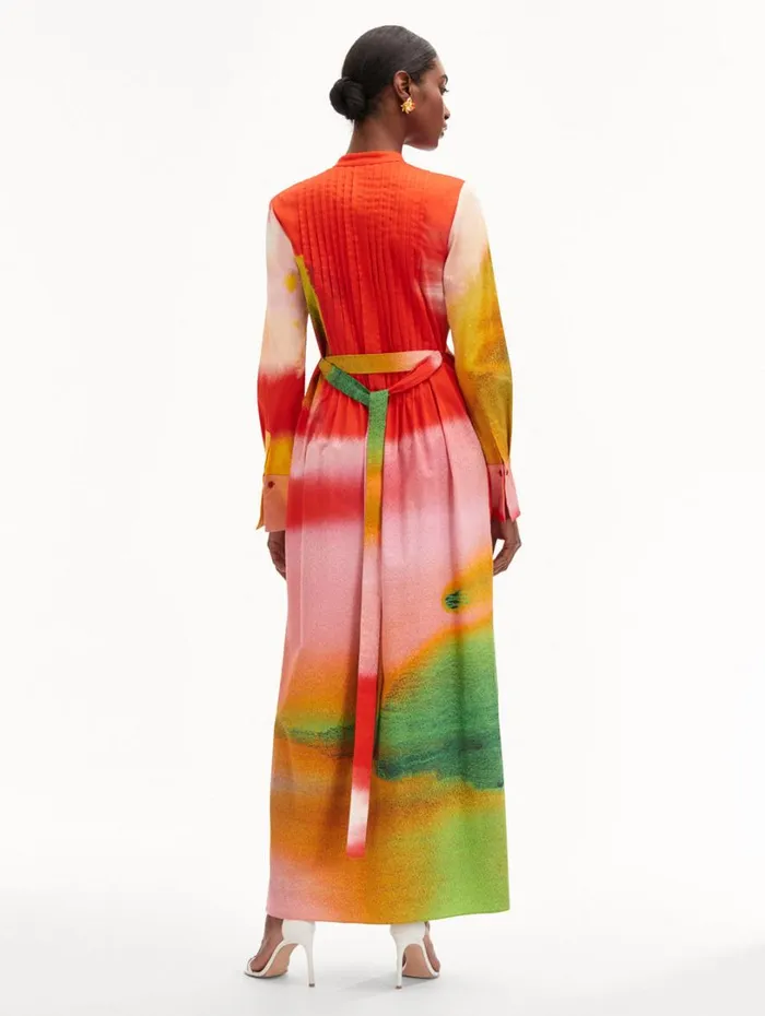 Oscar De La Renta Abstract Watercolor Caftan Vermilion Multi Women Dresses