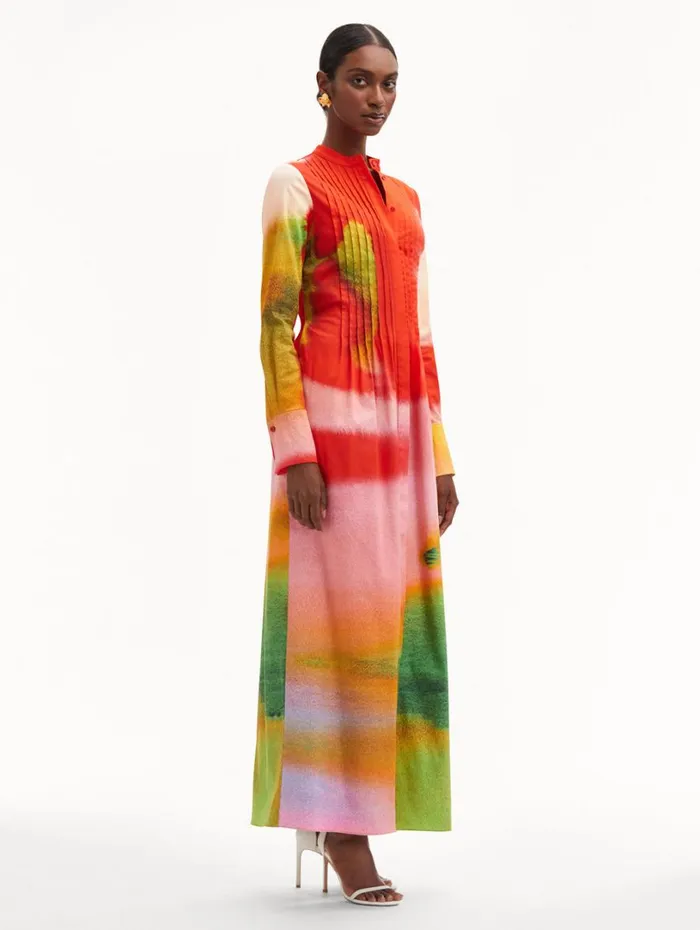Oscar De La Renta Abstract Watercolor Caftan Vermilion Multi Women Dresses