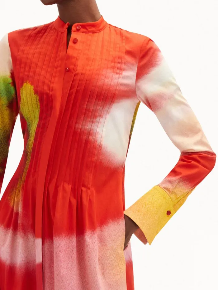 Oscar De La Renta Abstract Watercolor Caftan Vermilion Multi Women Dresses