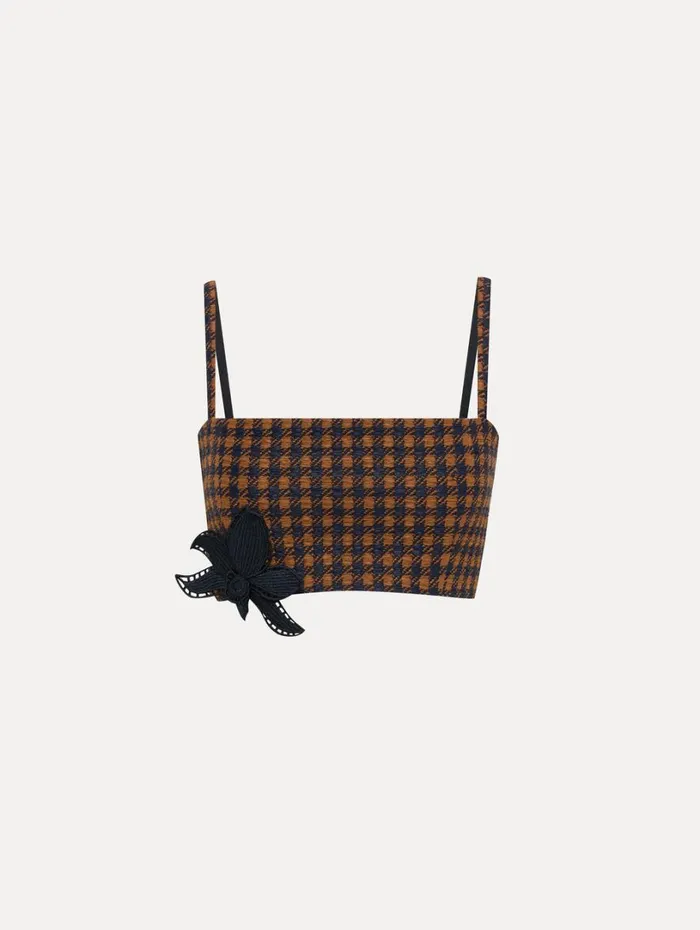 Oscar De La Renta Check Tweed Orchid Embroidered Top Cognac Navy Women Blouses and Knits