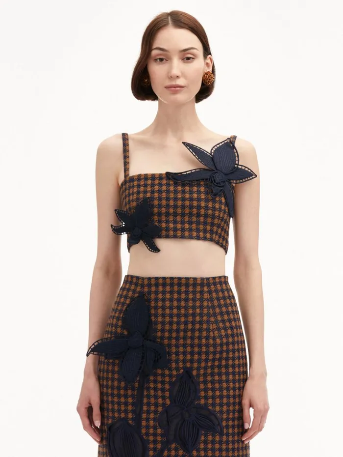 Oscar De La Renta Check Tweed Orchid Embroidered Top Cognac Navy Women Blouses and Knits Oscar De La Renta Check Tweed Orchid Embroidered Top Cognac Navy Women Blouses and Knits