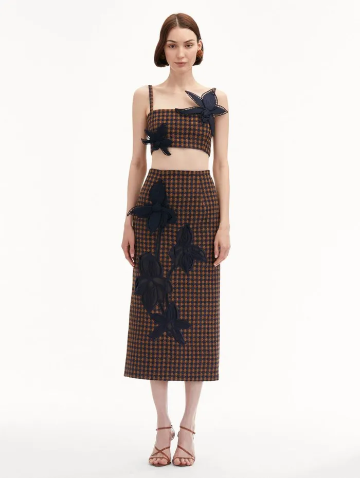 Oscar De La Renta Check Tweed Orchid Embroidered Top Cognac Navy Women Blouses and Knits Oscar De La Renta Check Tweed Orchid Embroidered Top Cognac Navy Women Blouses and Knits