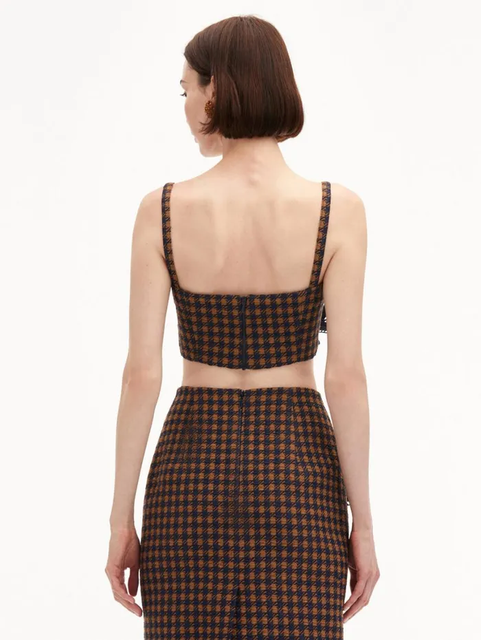 Oscar De La Renta Check Tweed Orchid Embroidered Top Cognac Navy Women Blouses and Knits Oscar De La Renta Check Tweed Orchid Embroidered Top Cognac Navy Women Blouses and Knits