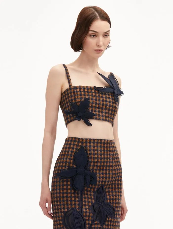 Oscar De La Renta Check Tweed Orchid Embroidered Top Cognac Navy Women Blouses and Knits Oscar De La Renta Check Tweed Orchid Embroidered Top Cognac Navy Women Blouses and Knits