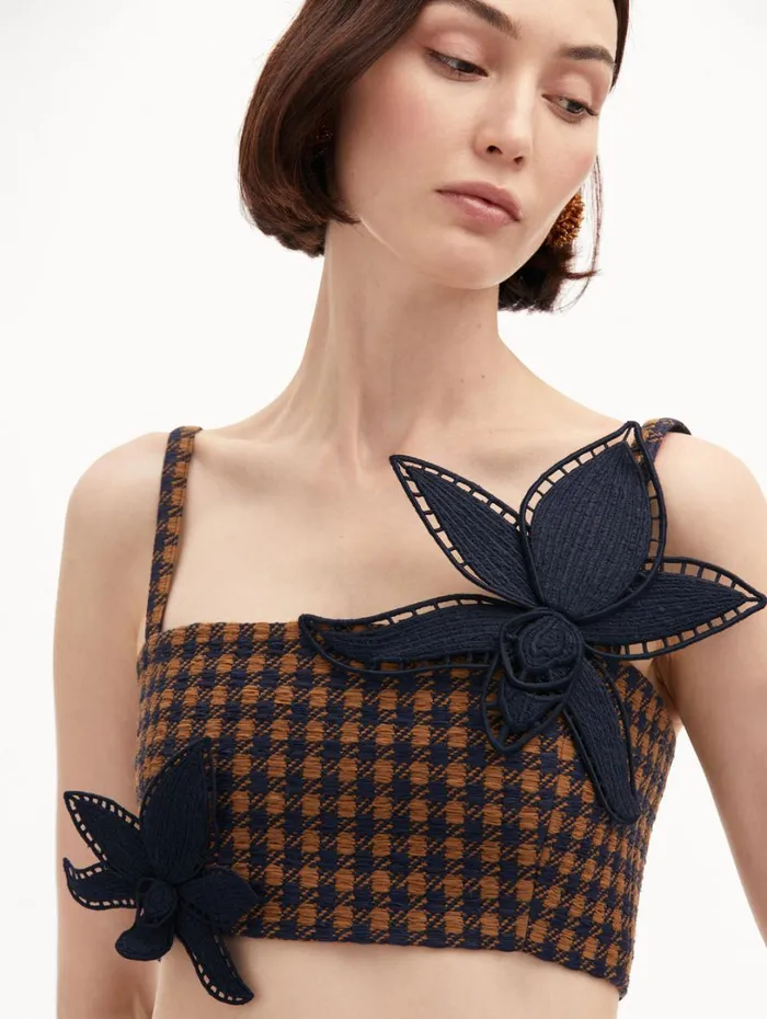 Oscar De La Renta Check Tweed Orchid Embroidered Top Cognac Navy Women Blouses and Knits Oscar De La Renta Check Tweed Orchid Embroidered Top Cognac Navy Women Blouses and Knits