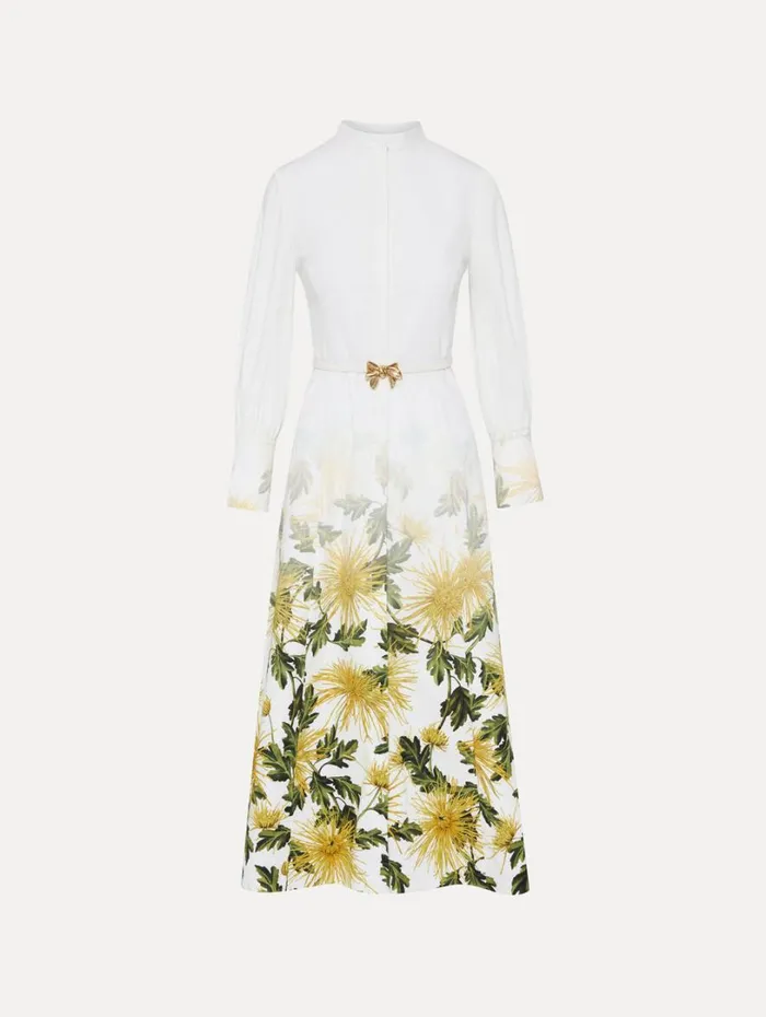 Oscar De La Renta Chrysanthemum Fade Cotton Poplin Dress Yellow White Women Dresses