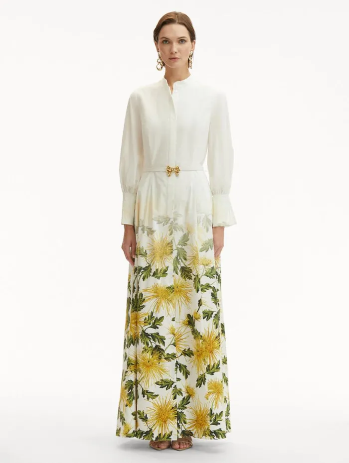 Oscar De La Renta Chrysanthemum Fade Cotton Poplin Dress Yellow White Women Dresses Oscar De La Renta Chrysanthemum Fade Cotton Poplin Dress Yellow White Women Dresses