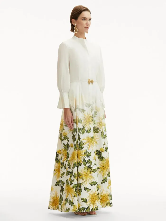 Oscar De La Renta Chrysanthemum Fade Cotton Poplin Dress Yellow White Women Dresses Oscar De La Renta Chrysanthemum Fade Cotton Poplin Dress Yellow White Women Dresses