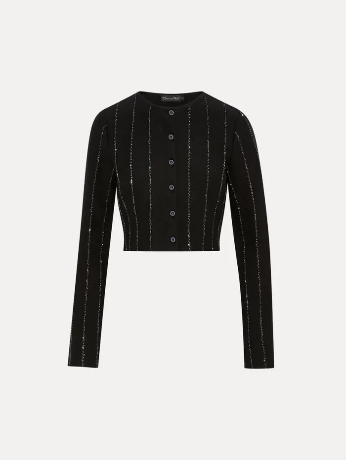 Oscar De La Renta Cropped Sequin Yarn Cardigan Black Women Blouses and Knits