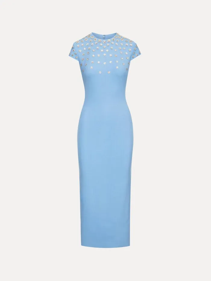 Oscar De La Renta Crystal Embroidered Cap Sleeve Dress Pastel Blue Women Dresses