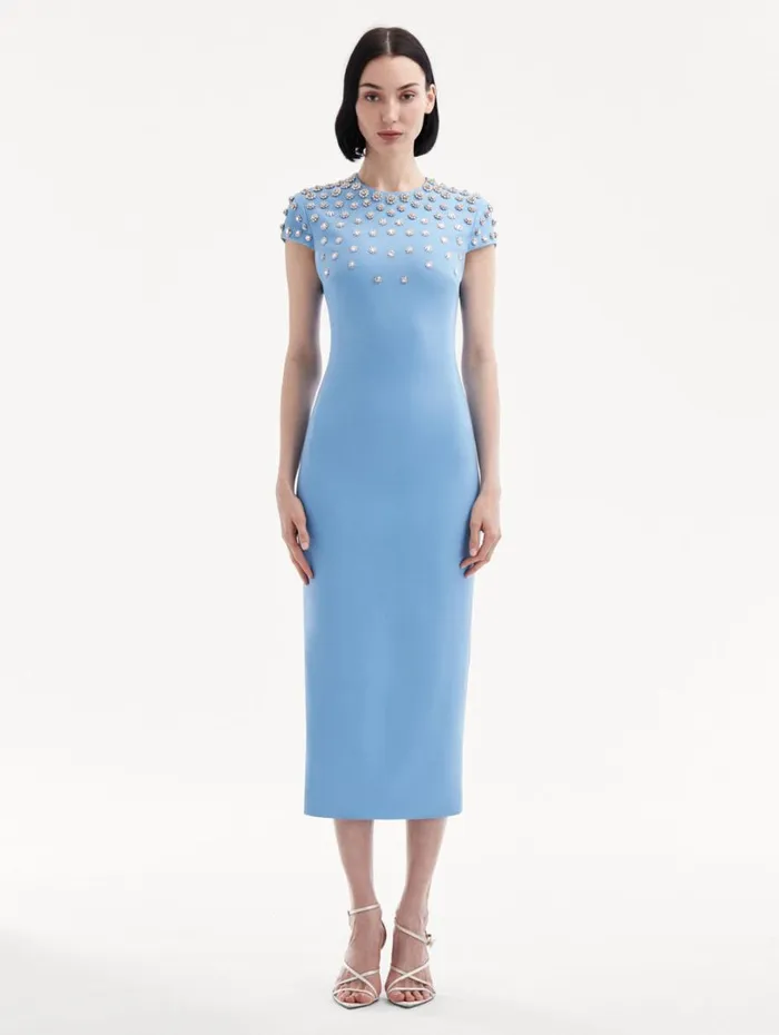 Oscar De La Renta Crystal Embroidered Cap Sleeve Dress Pastel Blue Women Dresses Oscar De La Renta Crystal Embroidered Cap Sleeve Dress Pastel Blue Women Dresses