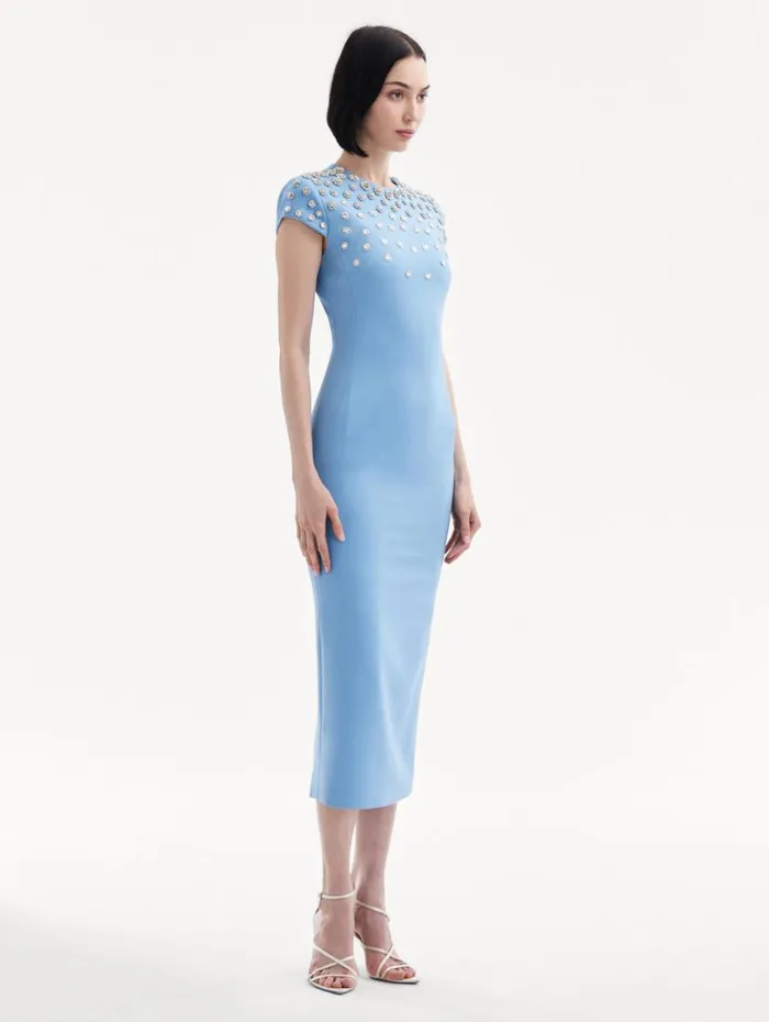 Oscar De La Renta Crystal Embroidered Cap Sleeve Dress Pastel Blue Women Dresses Oscar De La Renta Crystal Embroidered Cap Sleeve Dress Pastel Blue Women Dresses