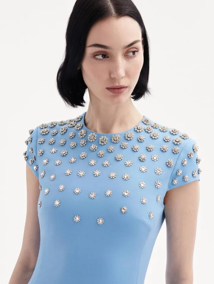 Oscar De La Renta Crystal Embroidered Cap Sleeve Dress Pastel Blue Women Dresses Oscar De La Renta Crystal Embroidered Cap Sleeve Dress Pastel Blue Women Dresses