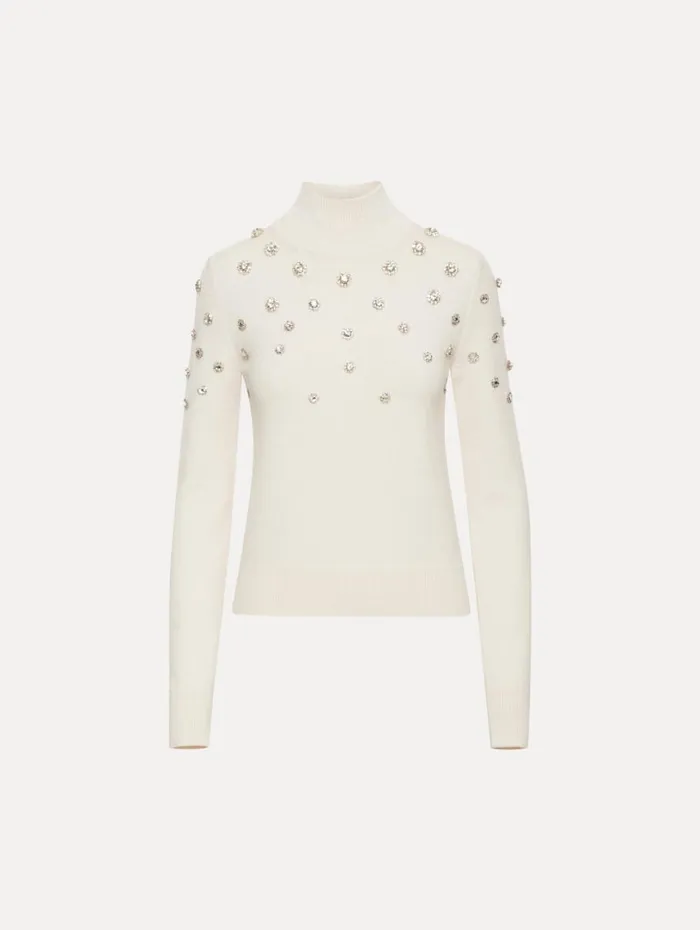 Oscar De La Renta Crystal Embroidered Turtleneck Ivory Women Blouses and Knits