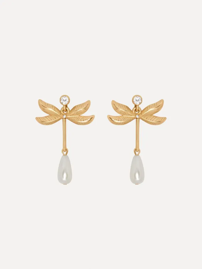 Oscar De La Renta Dragonfly Pearl Drop Earrings Gold Women Earrings