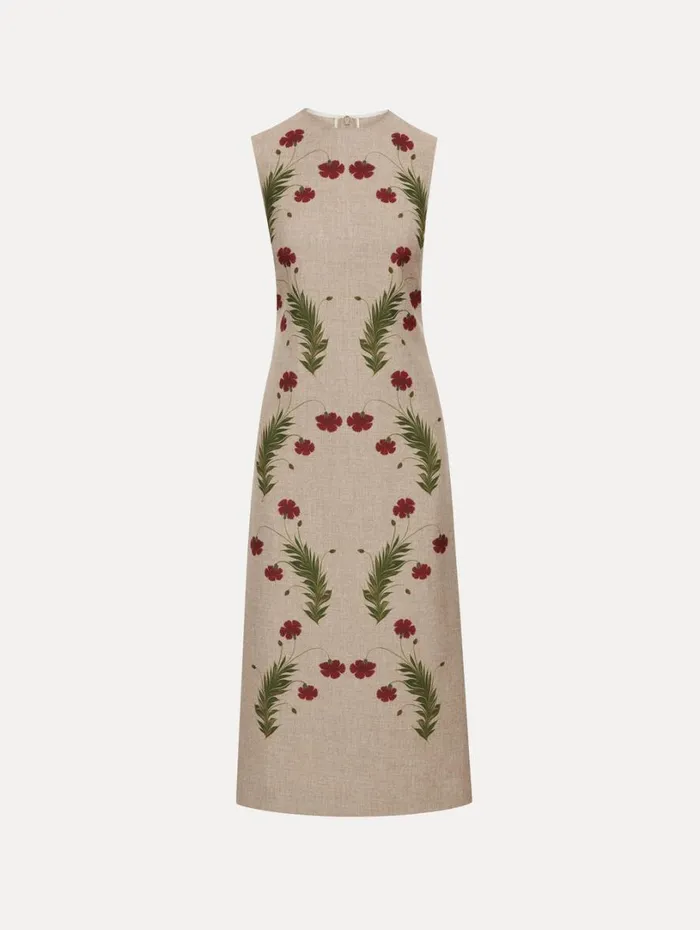 Oscar De La Renta Marbled Carnation Canvas Pencil Dress Linen Red Women Dresses