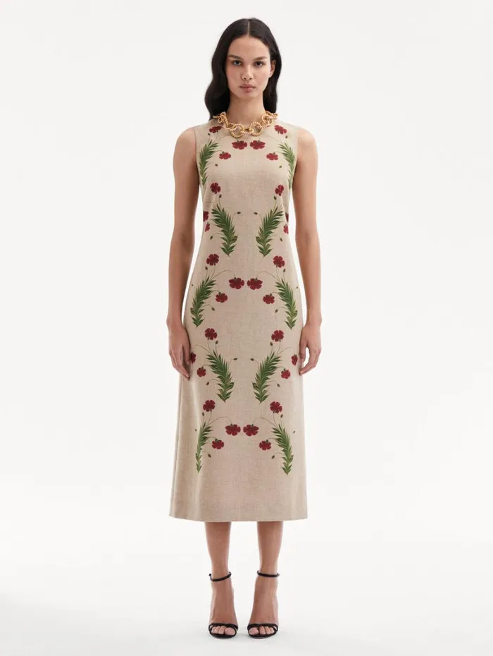 Oscar De La Renta Marbled Carnation Canvas Pencil Dress Linen Red Women Dresses Oscar De La Renta Marbled Carnation Canvas Pencil Dress Linen Red Women Dresses