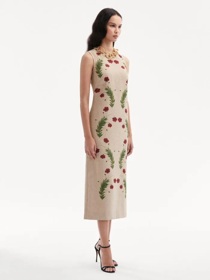 Oscar De La Renta Marbled Carnation Canvas Pencil Dress Linen Red Women Dresses Oscar De La Renta Marbled Carnation Canvas Pencil Dress Linen Red Women Dresses