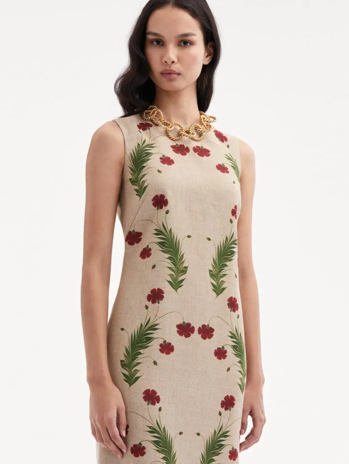Oscar De La Renta Marbled Carnation Canvas Pencil Dress Linen Red Women Dresses Oscar De La Renta Marbled Carnation Canvas Pencil Dress Linen Red Women Dresses