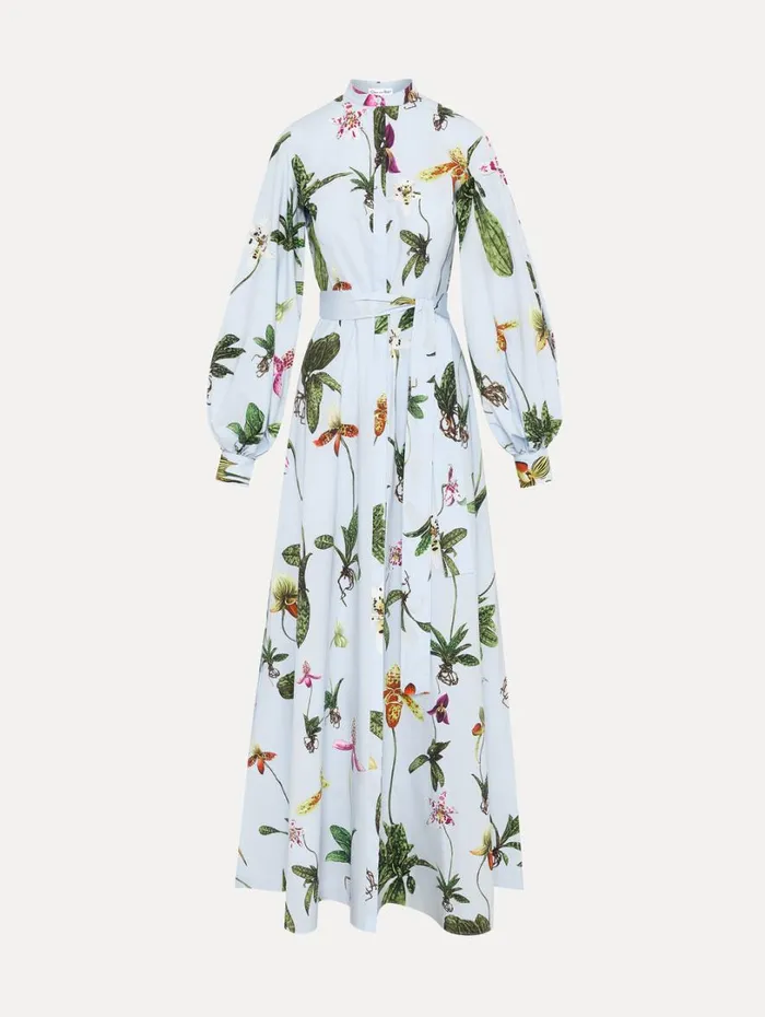 Oscar De La Renta Orchid Cotton Poplin Caftan Light Blue Multi Women Dresses