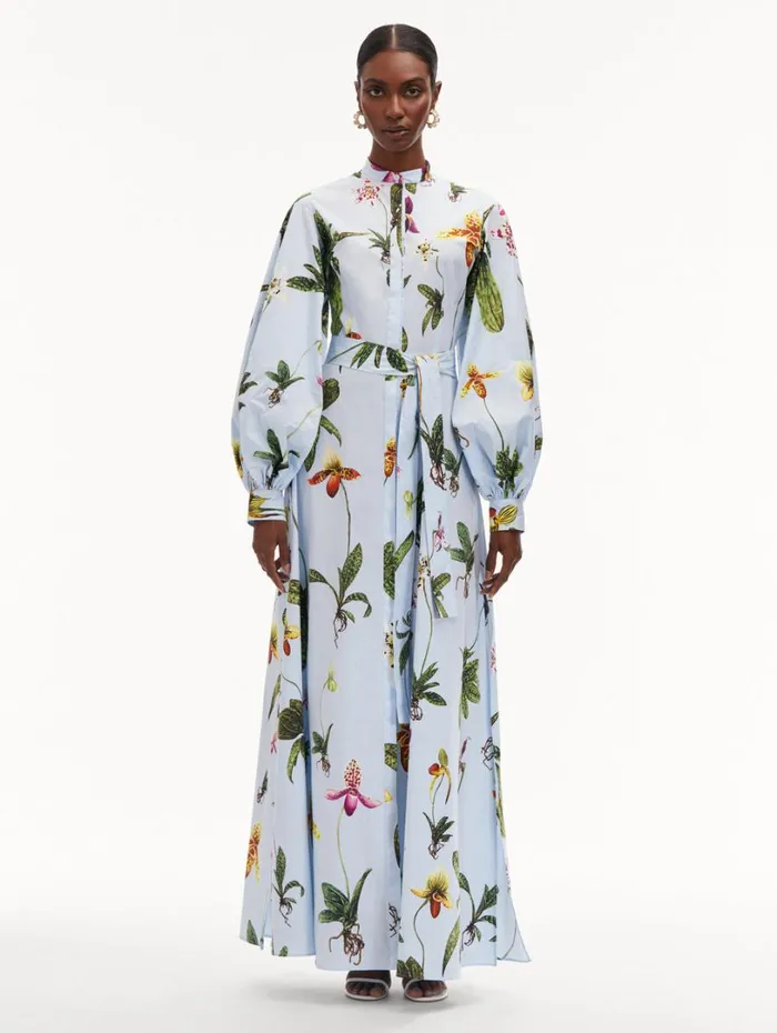 Oscar De La Renta Orchid Cotton Poplin Caftan Light Blue Multi Women Dresses